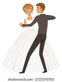 Baile de bodas. Novia y novio jóvenes y felices juntos
