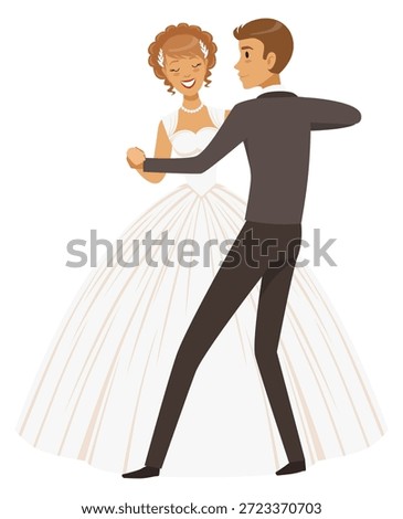 Wedding dance. Young and happy bride and groom together