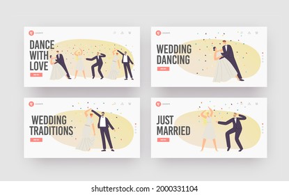 Wedding Dancing Landing Page Template Set. Just Married Characters Dance, Newlywed Bride and Groom Couple Marriage Ceremony, New Husband and Wife Family Waltz. Cartoon People Vector Illustration