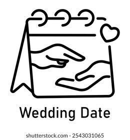 Wedding date calendar with heart and hands, line style icon