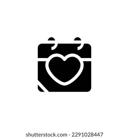 Wedding date calendar icon with love symbol, in black fill mode. Vector illustration in trendy style. Editable graphic resources for many purposes.