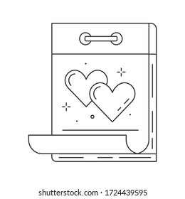 Wedding date day on calendar thin line icon. Heart shapes on page, saint Valentine day and love symbols in linear vector illustration.