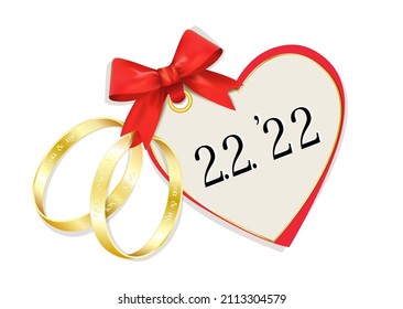 Fecha de la boda el 2 de febrero de 2022 con anillos dorados, arco de la cinta roja y del corazón, ilustración del vector aislada en fondo blanco
