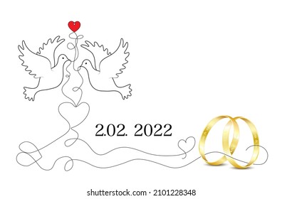 Hochzeitstag am 2. Februar. 02. 2022, 
mit goldenen Eheringen, Tauben und einem Liebesherz,
Ringe, die eine Liebesbotschaft eingraviert haben,
Vektorgrafik einzeln auf weißem Hintergrund
