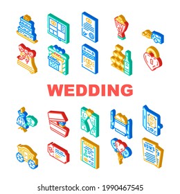 Wedding Day Accessory Collection Icons Set Vector. Wedding Invitation And Vow, Gift For Bride And Groom, Champagne Drink And Snack Color Illustrations