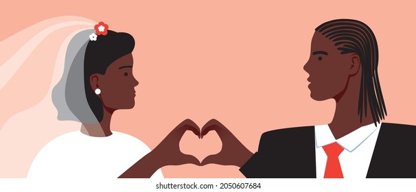 Wedding day of African couple. Flat vector stock illustration. Afro newlyweds hold hands with a heart. Culture and traditions. Template for a wedding invitation. Vector graphics