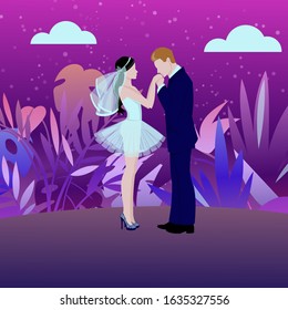 Wedding day background with bride and bridegroom and night outdoors cartoon vector illustration. Beautiful bride and groom. Marriage and wedding at night style, advertising or invitation.