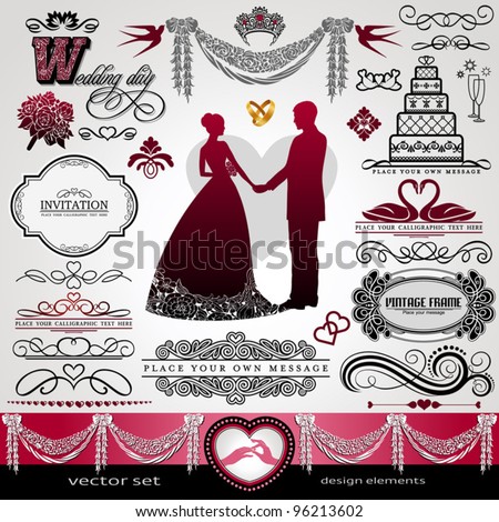 Wedding Day, background, ornaments set, calligraphy abstract elements, vector invitation card, label, vintage frame, bouquet, abstract flower patterns, floral retro banner, wreath, divider for design