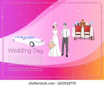 Wedding day banner with newly married weds bride and bridegroom, car and restaurant ceremony background vector illustration. Wedding day for married couple banner.
