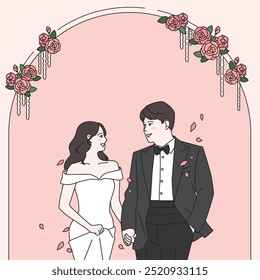 Wedding day, A bride in a dress and a groom in a tuxedo, Wedding illustration, An arch door decorated with roses