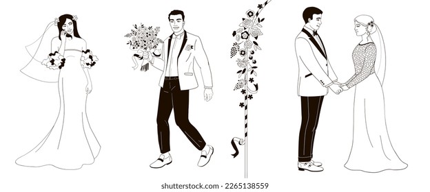 wedding day, bride and groom afro American .black and white  linear vector illustration