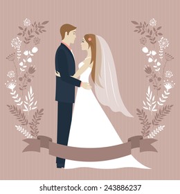 Wedding day. Bride and groom looking at each other and hugging. Wedding couple. Romantic vintage background. Flower wreath and ribbon with place for text. Greeting card. Vector illustration. 