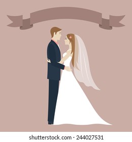 Wedding day. Bride and groom looking at each other and hugging. Wedding couple. Romantic vintage background. Ribbon with place for text. Greeting card. Vector illustration. 