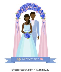 Wedding day. Bride and groom standing in wedding arch. Couple in love. Style flat.