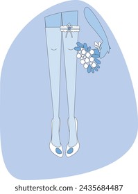 Wedding day, bride's legs in stockings, garter, wedding bouquet of flowers.
