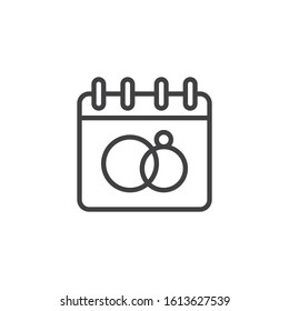 Wedding day calendar line icon. linear style sign for mobile concept and web design. Calendar page with wedding rings outline vector icon. Symbol, logo illustration. Vector graphics