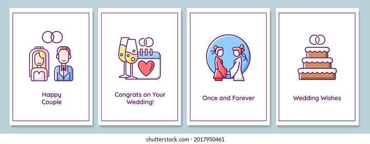 Wedding day celebration greeting cards with color icon element set. Blessing happy couple. Postcard vector design. Decorative flyer with creative illustration. Notecard with congratulatory message
