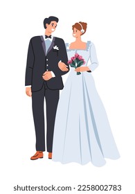 Wedding day ceremony of man and woman walking to isle. Isolated bride and groom looking at each other. Special day and occasion, girl in dress holding bouquet in her hands. Vector in flat style
