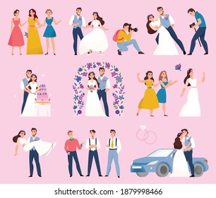 Wedding day color set with marriage ceremony flower arch bridal bouquet kiss photographer pink background vector illustration