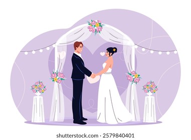 Wedding day concept. Man in suit and woman in white dress holding hands. Love and romance. Wedding ceremony. Husband and wife, newlyweds. Holiday and festival. Flat vector illustration