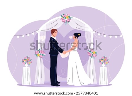 Wedding day concept. Man in suit and woman in white dress holding hands. Love and romance. Wedding ceremony. Husband and wife, newlyweds. Holiday and festival. Flat vector illustration