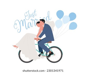 wedding day. A couple in a wedding dress is riding a bicycle romantically.