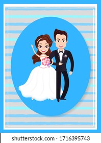 Día de matrimonio de la pareja en vectores de amor, hombre y mujer sosteniendo ramo en envoltura, rayas azules y marco circundante, celebración de estilo apartamento de vacaciones