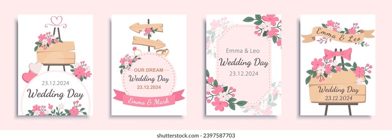 Wedding day cover brochure set in flat design. Poster templates with invitation cards with elegant wooden boards with ceremony date, flower bouquets, pink hearts, ribbon frames. Vector illustration