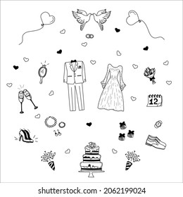 doodle del día de la boda. Juego de íconos de matrimonio y bodas a mano.