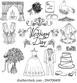 Wedding day elements. Hand drawn set with flowers, candle, glasses for champagne and festive attributes. Drawing doodle collection, isolated on white background