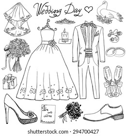 Elementos del día de la boda. Dibujado a mano con flores vestido de novia con velas y traje de esmoquin, zapatos, vasos para champán y atributos festivos. Colección de doodle de dibujo, aislado en fondo blanco