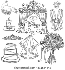 Wedding day elements. Hand drawn set with flowers, candle, glasses for champagne and festive attributes. Drawing doodle collection, isolated on white background.
