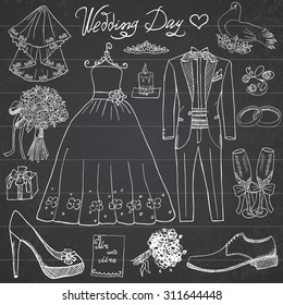 Wedding day elements. Hand drawn set with flowers candle bride dress and tuxedo suit, shoes, glasses for champagne and festive attributes. Drawing doodle collection, on chalkboard background.