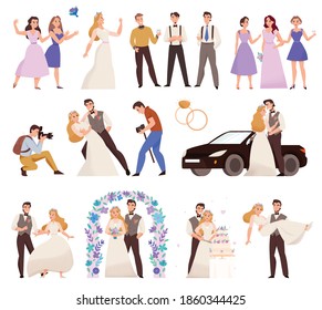 Wedding day flat set with marriage ceremony flower arch bridal bouquet newlywed couple kiss photographer vector illustration  