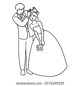 Wedding day, groom is lovingly shielding the bride from the sun with his hand vector illustration