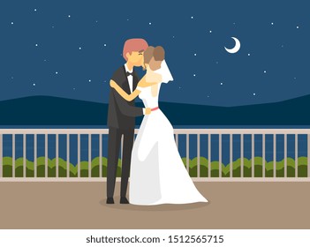 Wedding Day, Happy Just Married Couple, Romantic Bride and Groom Characters Embracing at Night Under the Stars Vector Illustration