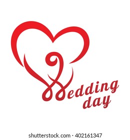 Wedding day has a handwritten inscription with red hearts, abstract elements for greeting cards, invitations, Valentines. vector illustration