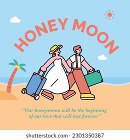 wedding day. Honeymoon travel poster design template.