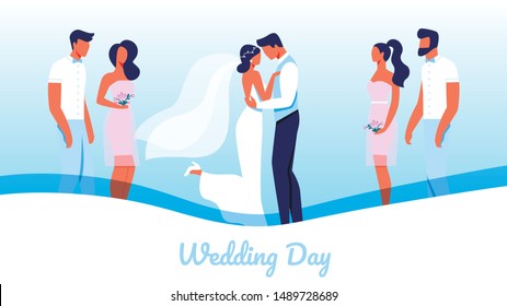 Wedding Day Horizontal Banner, Marriage Ceremony, Groom Kissing Bride in White Dress. Young Happy Couple Getting Married. Friends and Girlfriends Stand nearby. Love Cartoon Flat Vector Illustration