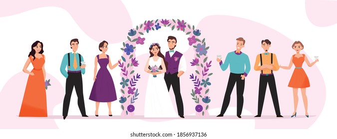 Wedding day horizontal pink background composition with marriage ceremony flower arch newlywed couple guests vector illustration 