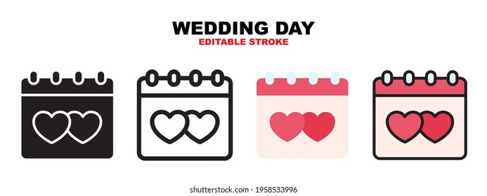 Wedding Day icon set with different styles. Icons designed in filled, outline, flat, glyph and line colored. Editable stroke and pixel perfect. Can be used for web, mobile, ui and more.