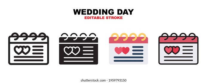 Wedding Day icon set with different styles. Icons designed in filled, outline, flat, glyph and line colored. Editable stroke and pixel perfect. Can be used for web, mobile, ui and more.