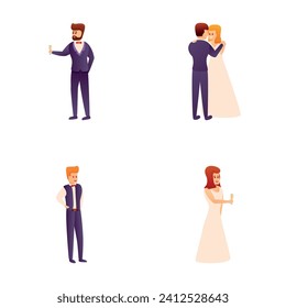 Wedding day icons set cartoon vector. Bride and groom with glass of champagne. Wedding, celebration, event