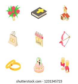 Wedding day icons set. Isometric set of 9 wedding day vector icons for web isolated on white background