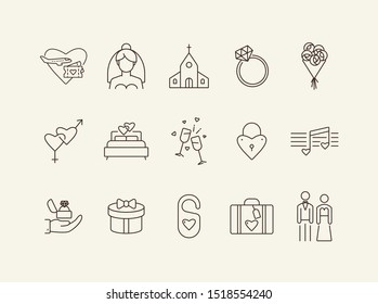 Wedding day icons. Set of line icons. Glasses, wedding ring, bed. Wedding concept. Vector illustration can be used for topics like marriage, family, love