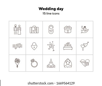 Wedding day icons. Set of line icons. Glasses, wedding ring, bed. Wedding concept. Vector illustration can be used for topics like marriage, family, love