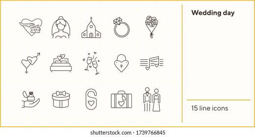 Wedding day icons. Set of line icons. Glasses, wedding ring, bed. Wedding concept. Vector illustration can be used for topics like marriage, family, love