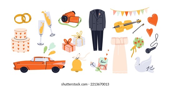 Wedding day icons set. Vibrant items of party of love. White dress, suit, cake, golden rings, invitation, dove, music, love letter, bouquet. Decorations for marriage ceremony. Love vector concept.