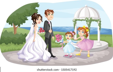 Wedding Day Illustration with Cute Bride and Groom