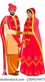 Wedding day Indian couple Groom in red turban and beautiful wedding suit bride in traditional red sari with golden decorations Vector